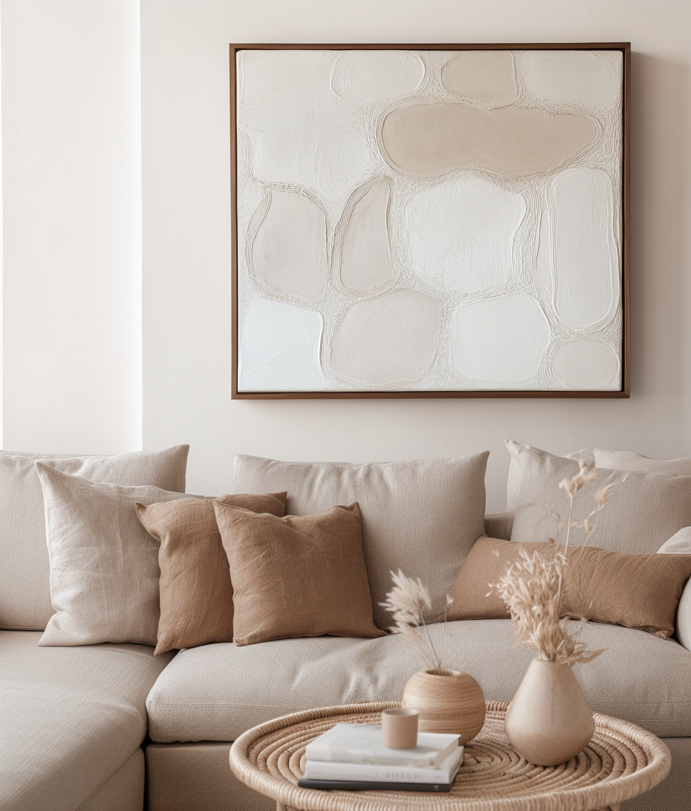 Minimalist abstract impasto art in soft beige and white tones with textured, flowing shapes creating a serene and elegant design.