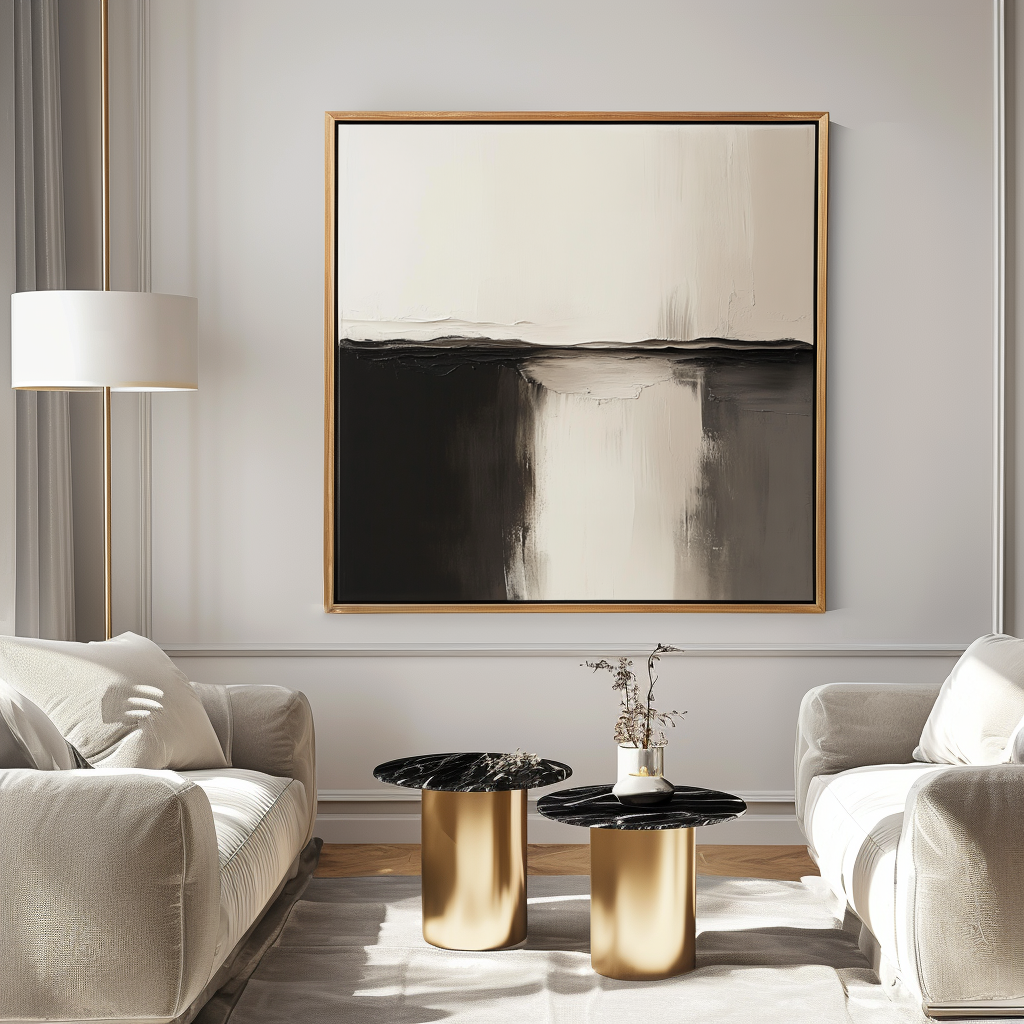 Minimalist abstract impasto painting in black and white with smooth textures and a serene landscape design.