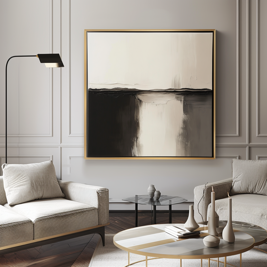 Minimalist abstract impasto painting in black and white with smooth textures and a serene landscape design.