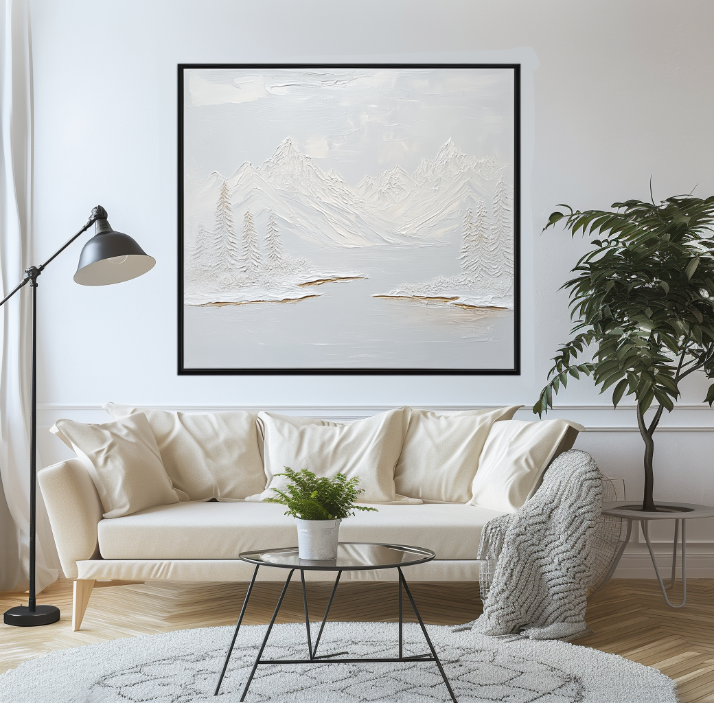 Textured winter mountain landscape with snow-covered peaks, pine trees, and a frozen lake, in white, gray, and golden accents.