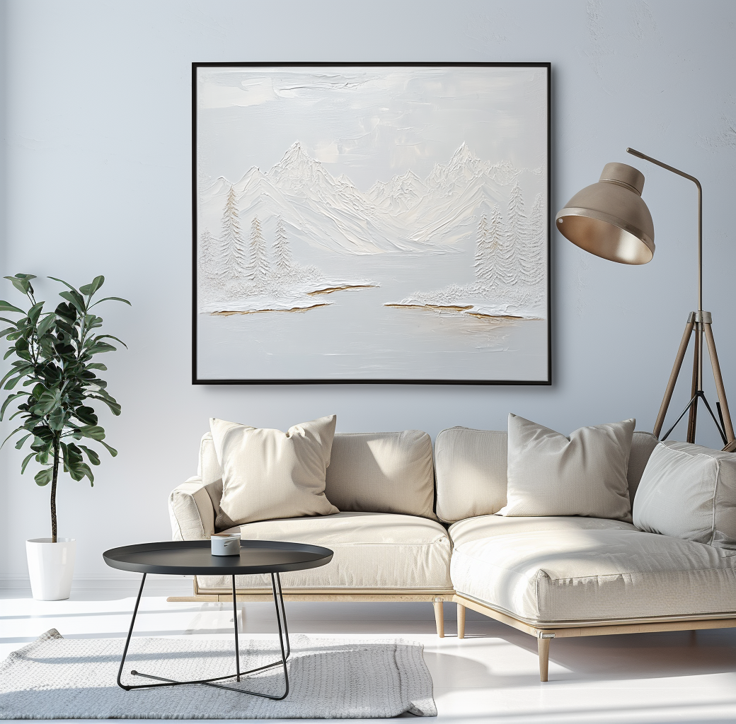 Textured winter mountain landscape with snow-covered peaks, pine trees, and a frozen lake, in white, gray, and golden accents.