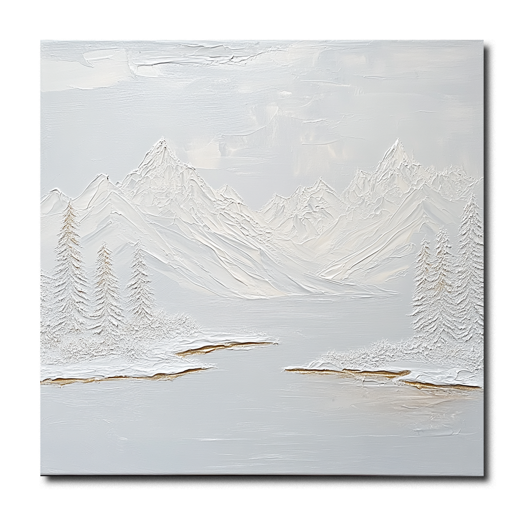 Textured winter mountain landscape with snow-covered peaks, pine trees, and a frozen lake, in white, gray, and golden accents.