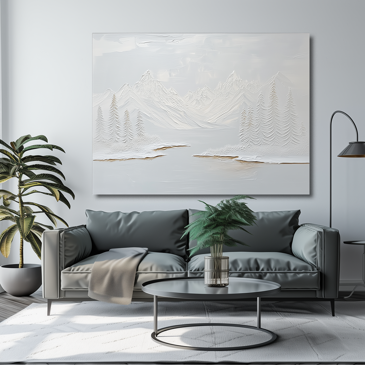 Impressionistic winter landscape with snow-covered mountains, pine trees, and a calm lake, using soft gray and white tones with golden accents.