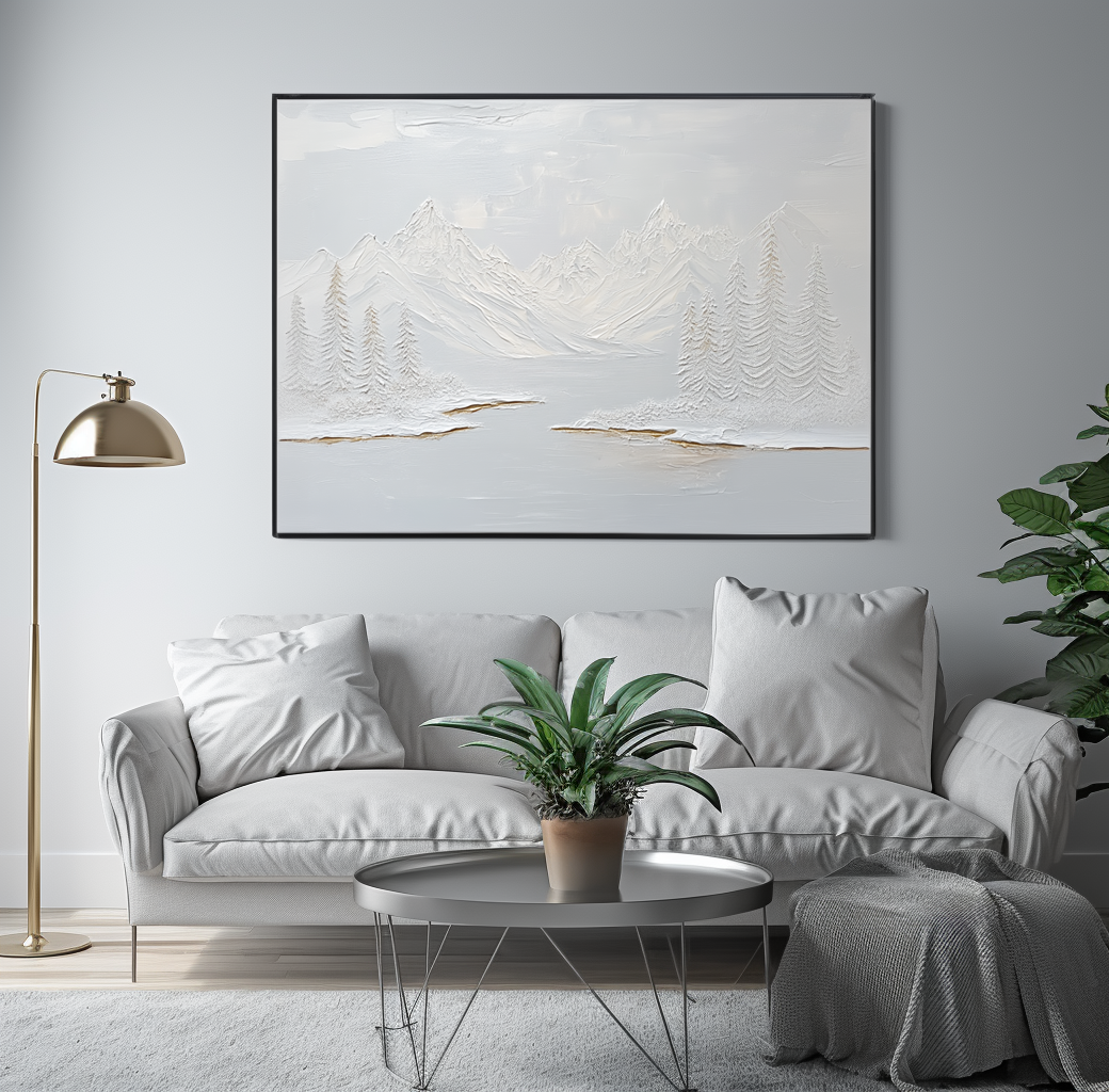 Impressionistic winter landscape with snow-covered mountains, pine trees, and a calm lake, using soft gray and white tones with golden accents.