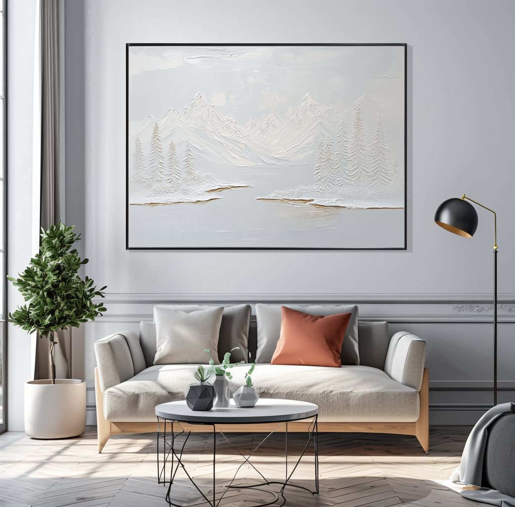 Impressionistic winter landscape with snow-covered mountains, pine trees, and a calm lake, using soft gray and white tones with golden accents.