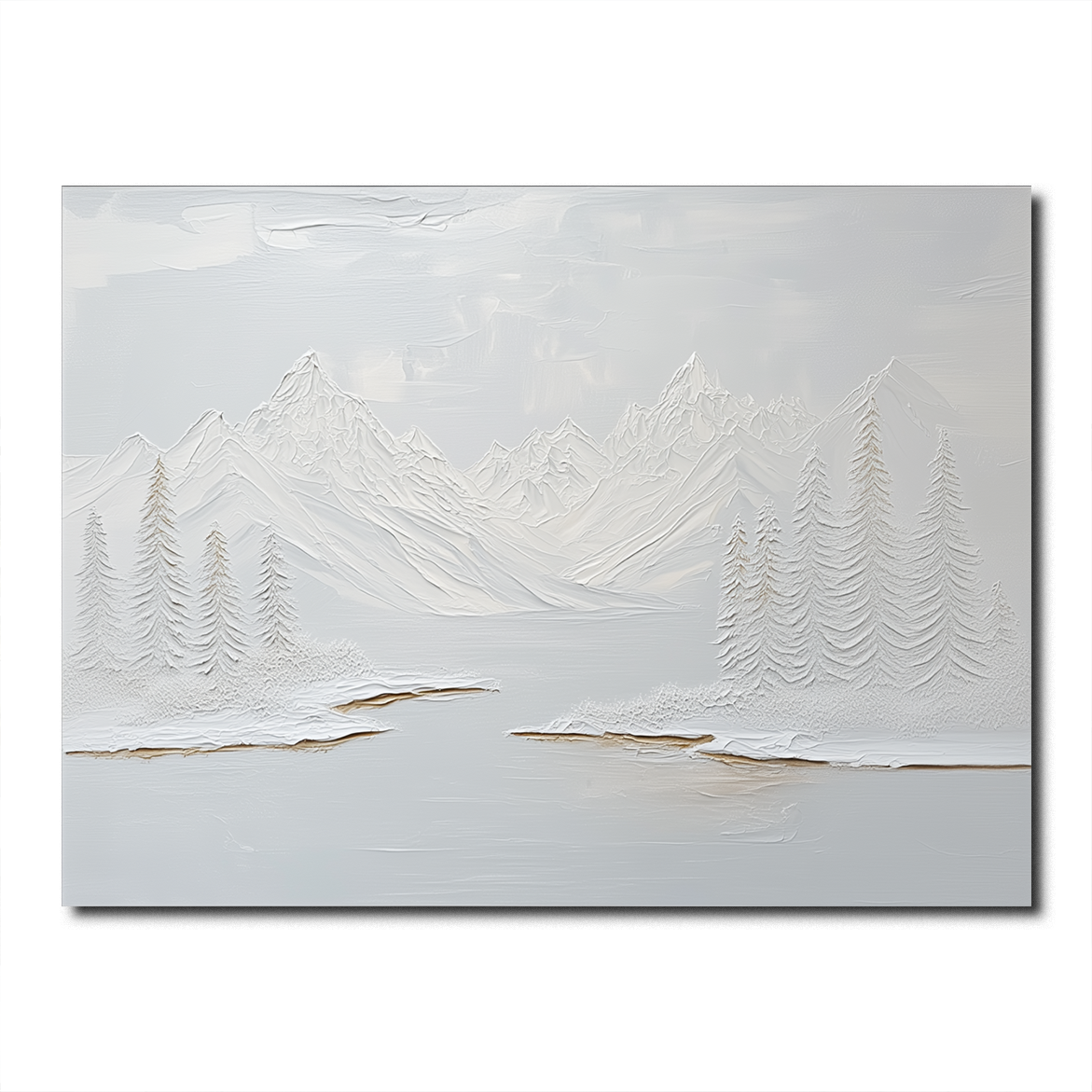 Impressionistic winter landscape with snow-covered mountains, pine trees, and a calm lake, using soft gray and white tones with golden accents.