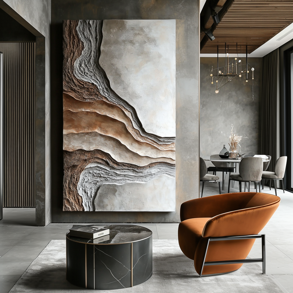 Vertical earth-layer textured abstract art with canyon-like natural forms in neutral tones.
