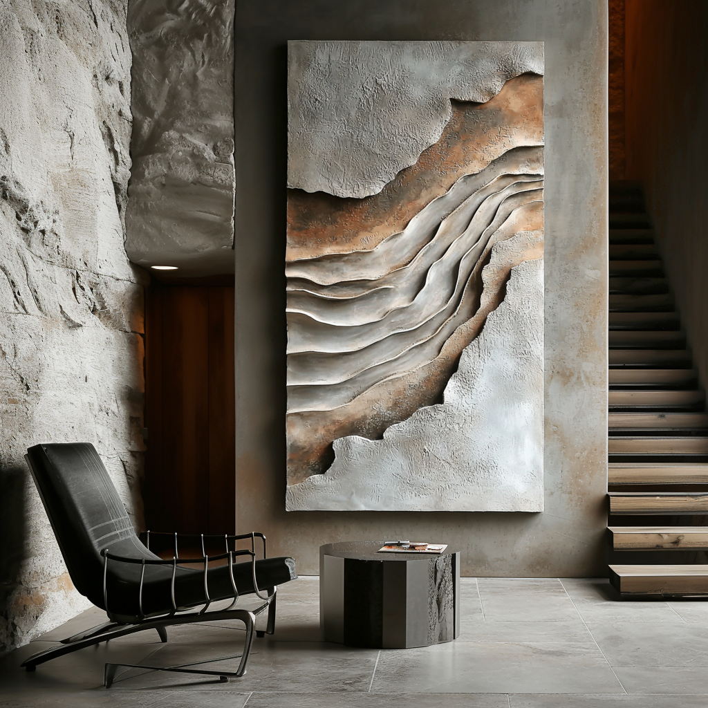 Vertical neutral earth-tone textured abstract art with layered canyon-like wave shapes.