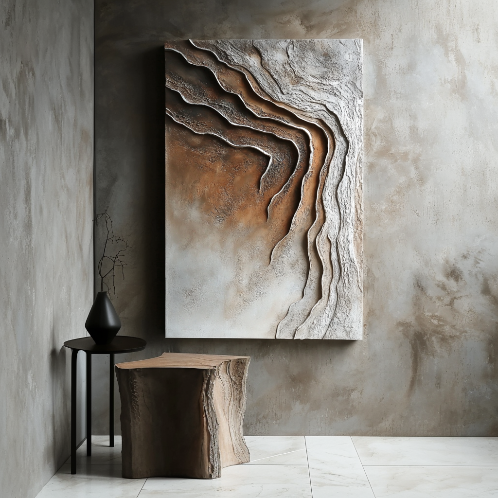 Vertical earth-tone abstract wall art with layered canyon-inspired textures and flowing curves.