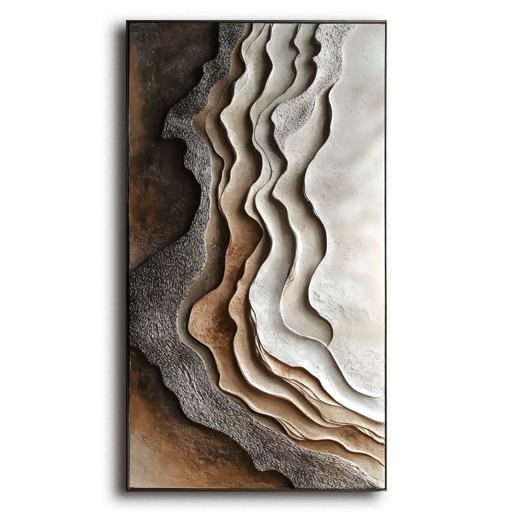 Vertical neutral earth-tone layered abstract painting with canyon-like organic textures.