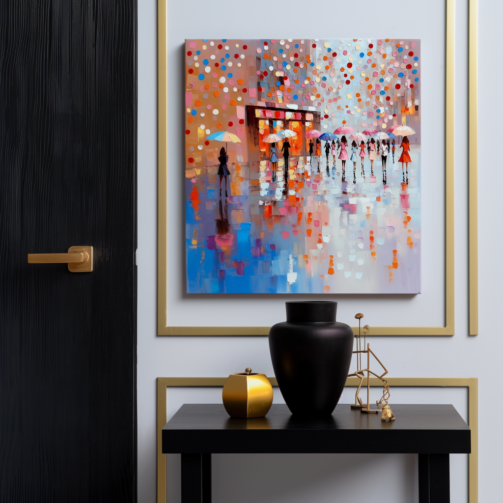 Textured oil painting of a colorful umbrella parade with figures walking on a rainy street with bright reflections and colorful dots in the background.