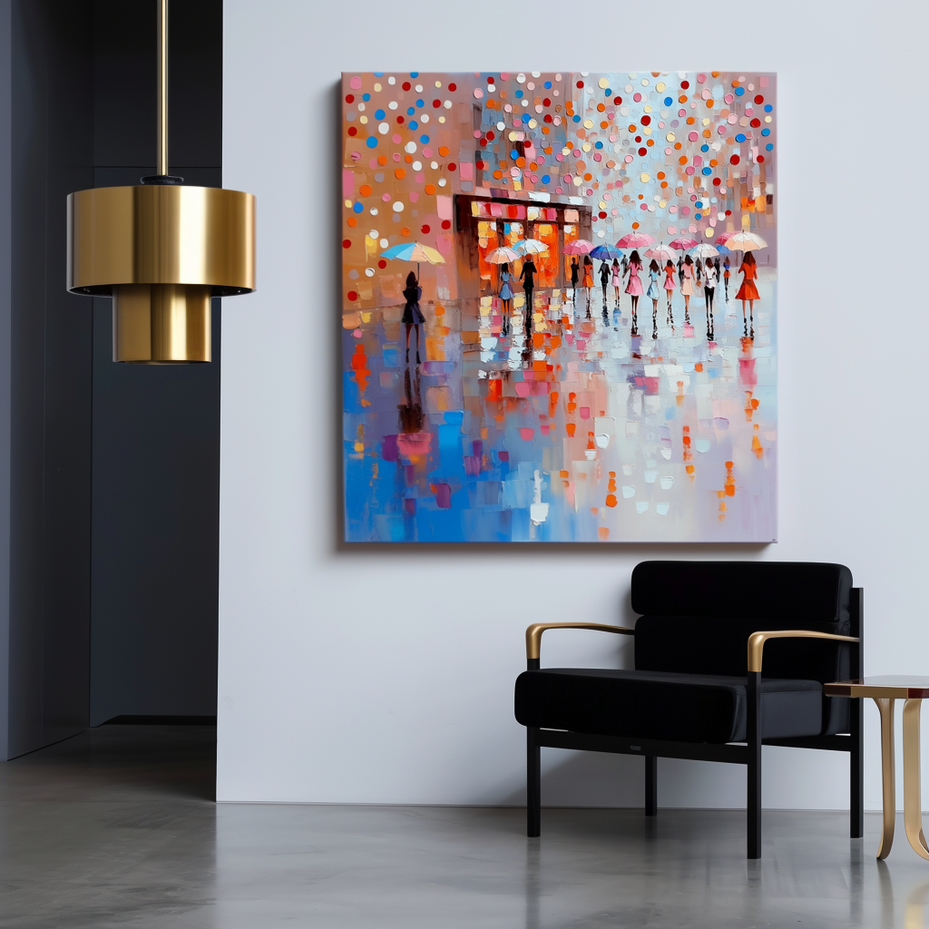 Textured oil painting of a colorful umbrella parade with figures walking on a rainy street with bright reflections and colorful dots in the background.