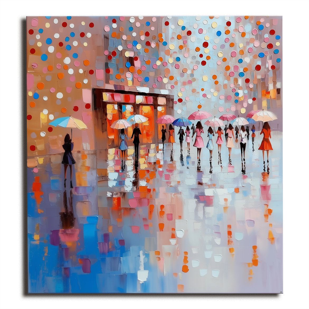 Textured oil painting of a colorful umbrella parade with figures walking on a rainy street with bright reflections and colorful dots in the background.