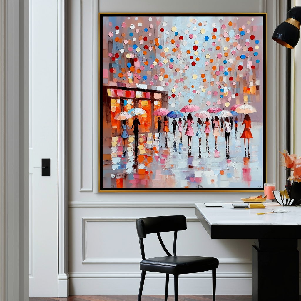 Colorful abstract painting of people with umbrellas walking in the rain, with playful dots in the background