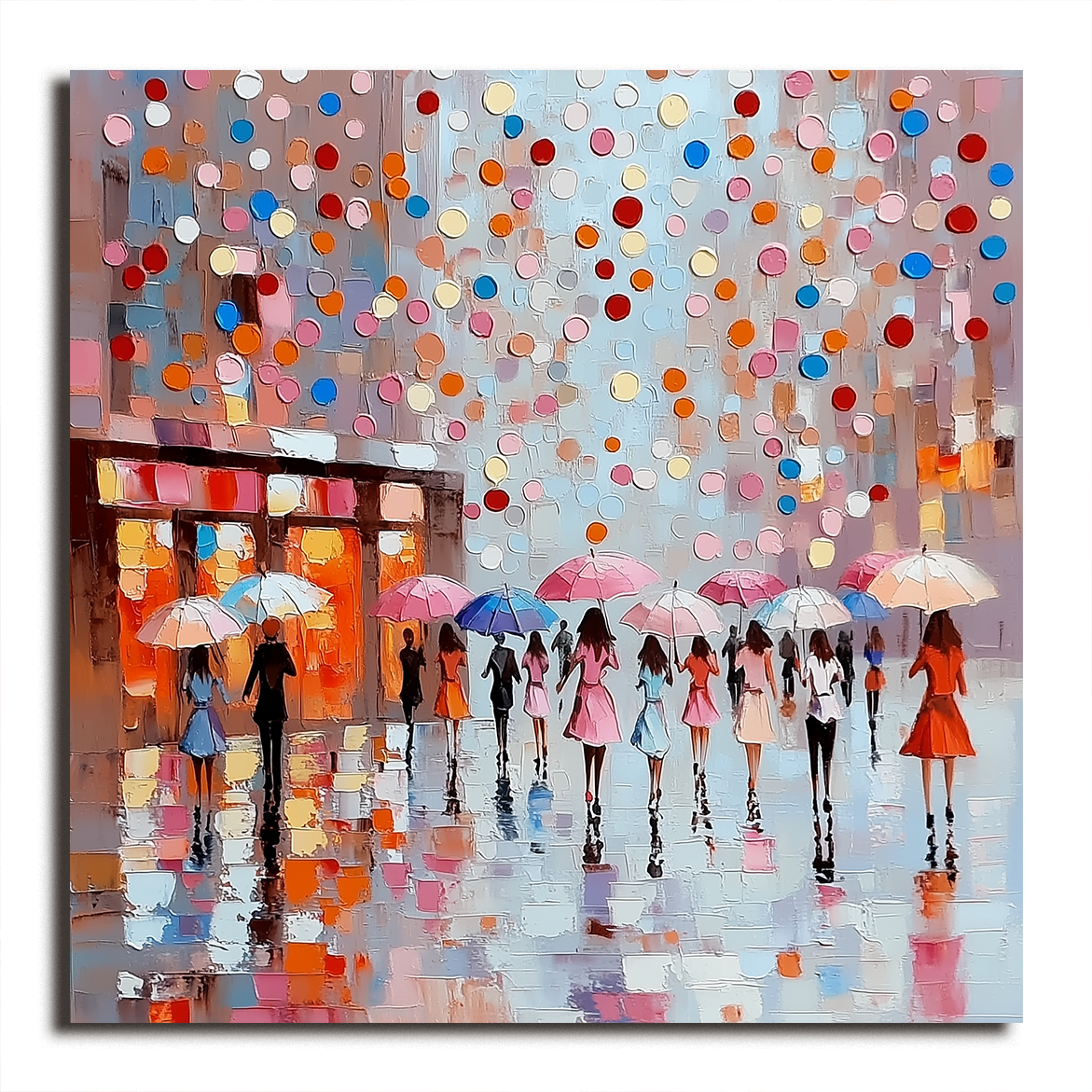 Colorful abstract painting of people with umbrellas walking in the rain, with playful dots in the background
