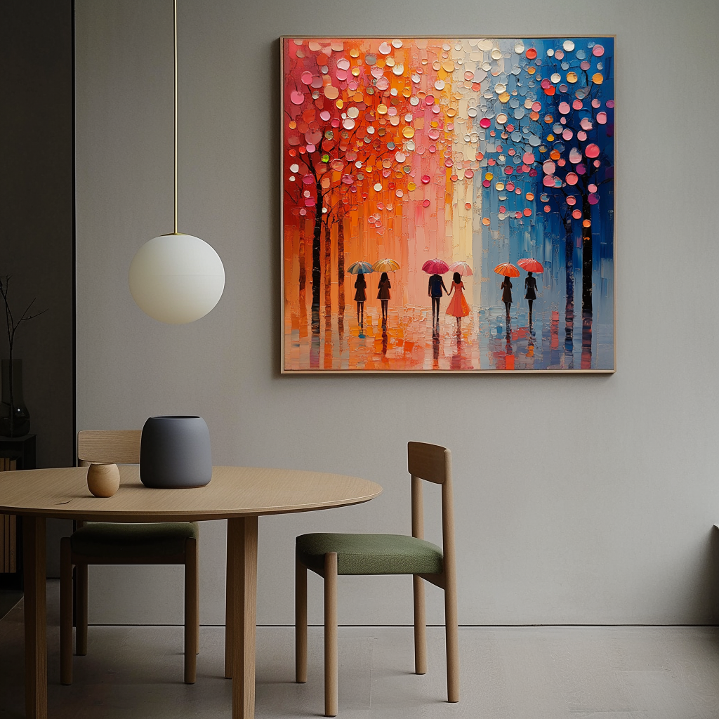 Textured oil painting of five figures walking with colorful umbrellas under blooming trees with vibrant pink, orange, and blue hues in the background.