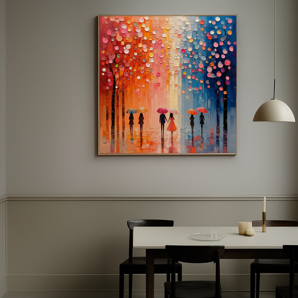 Textured oil painting of five figures walking with colorful umbrellas under blooming trees with vibrant pink, orange, and blue hues in the background.