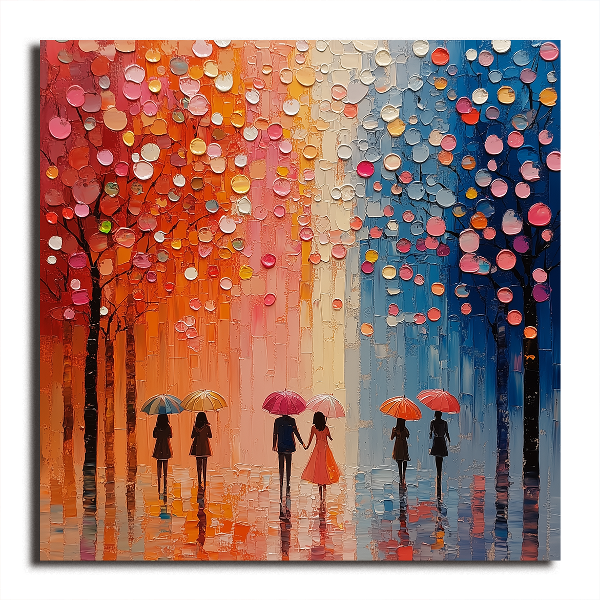 Textured oil painting of five figures walking with colorful umbrellas under blooming trees with vibrant pink, orange, and blue hues in the background.