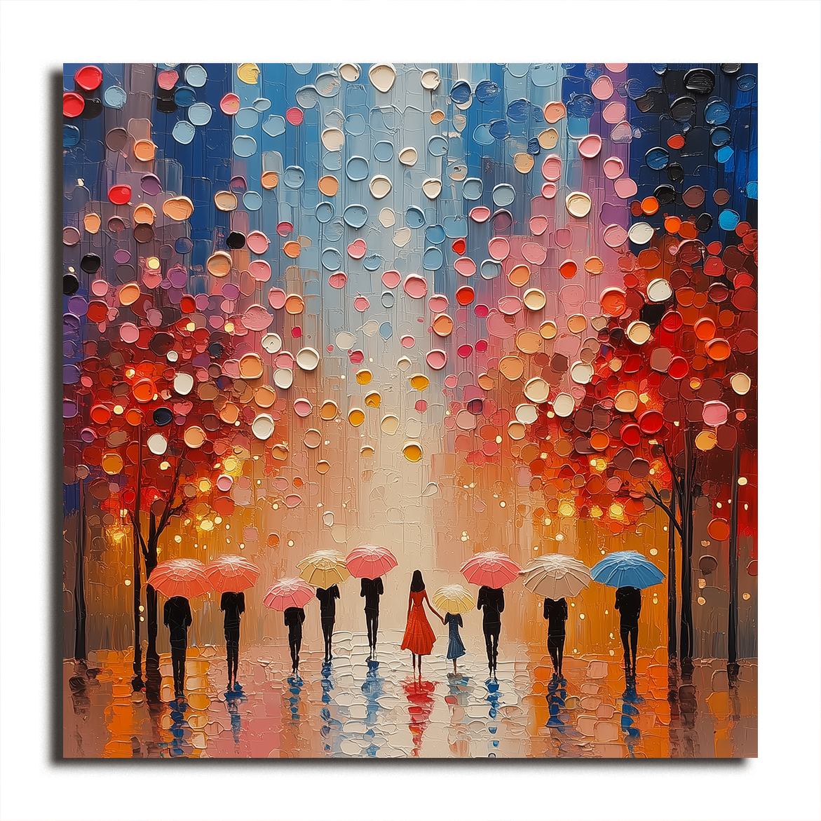 Abstract street scene with people holding colorful umbrellas under autumn trees, with bright dots of falling rain