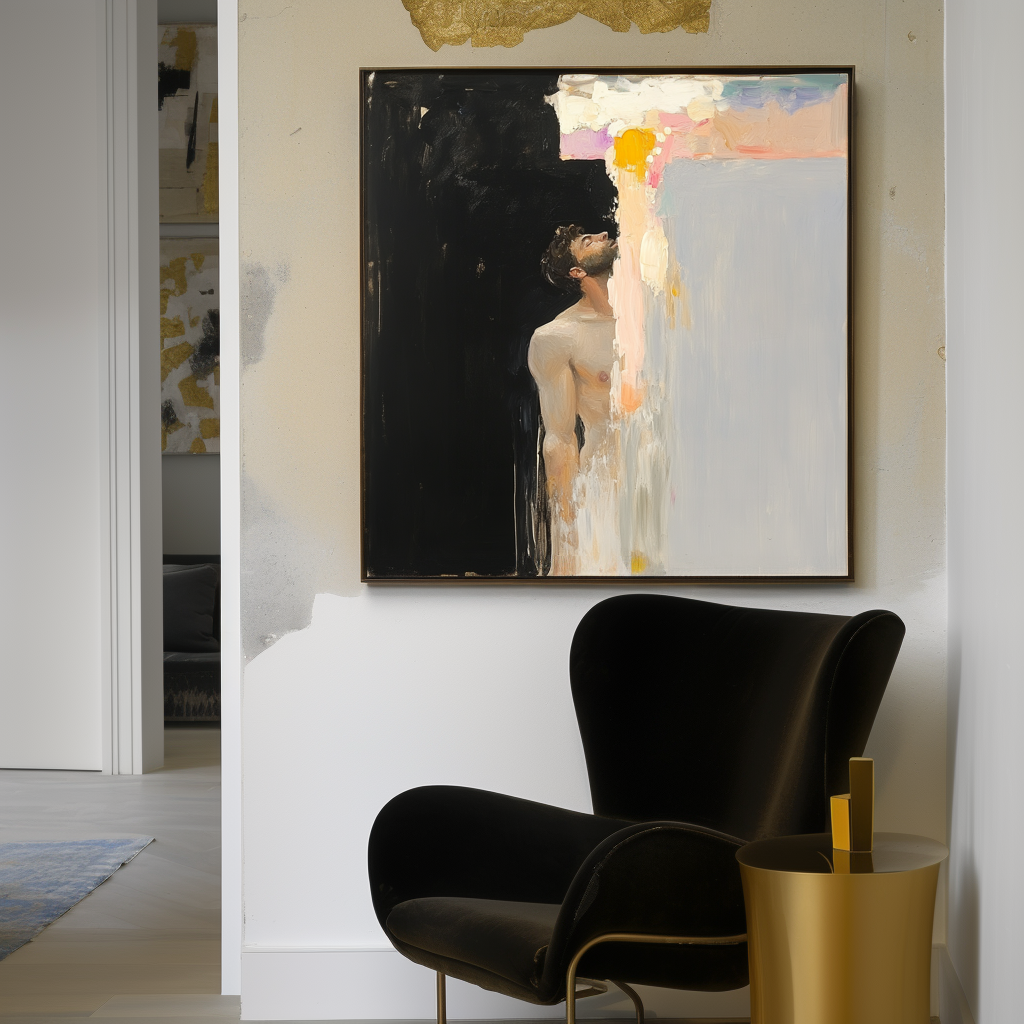 Abstract oil painting of a figure looking upward, with light and dark contrast and textured brushstrokes