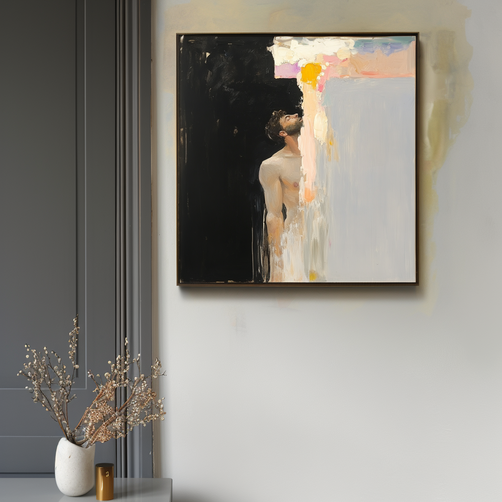 Abstract oil painting of a figure looking upward, with light and dark contrast and textured brushstrokes