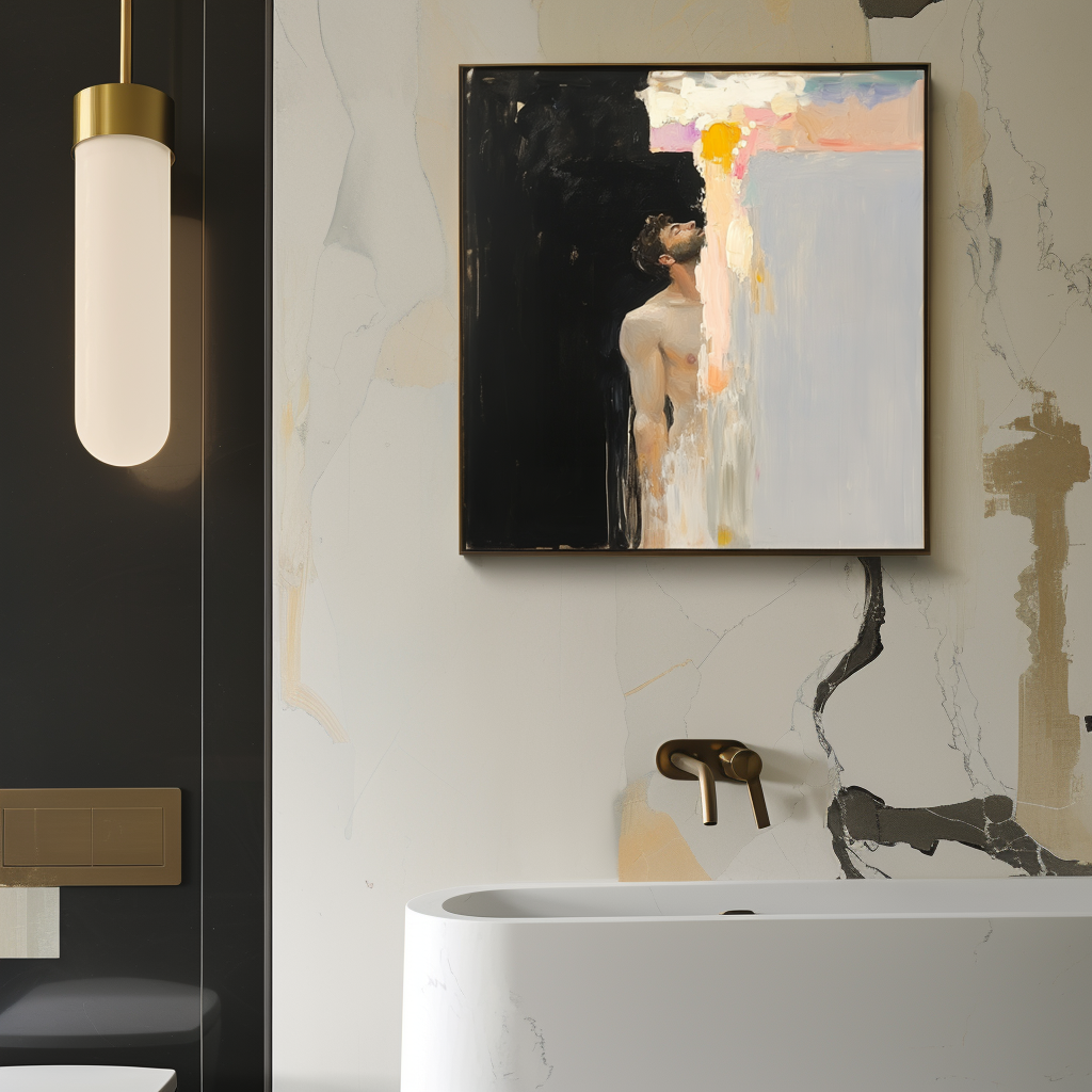 Abstract oil painting of a figure looking upward, with light and dark contrast and textured brushstrokes