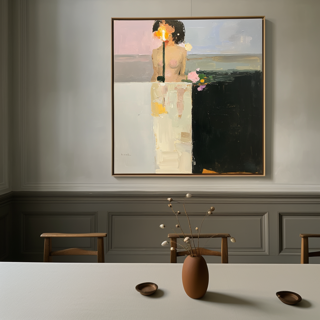 Abstract oil painting of a figure illuminated by a warm light with a vase of flowers, dark and light contrasting backgrounds
