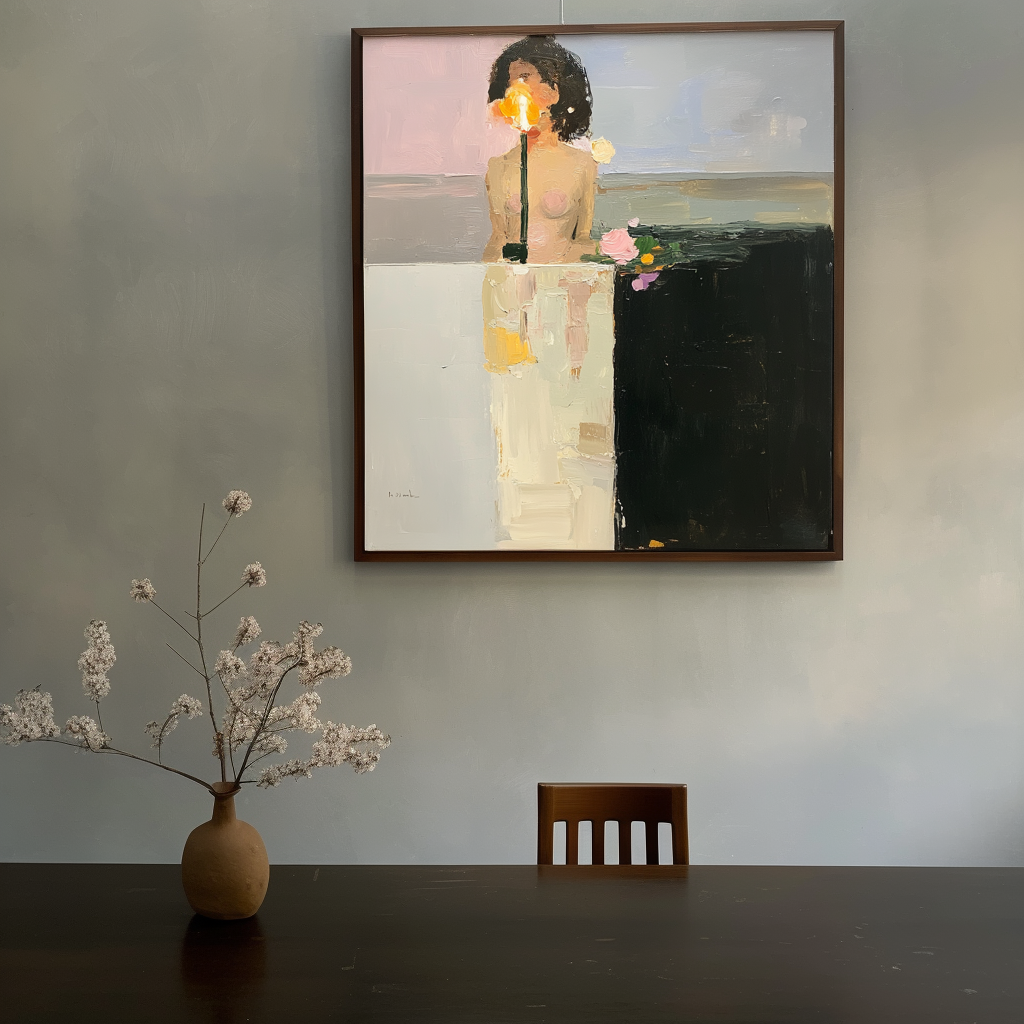 Abstract oil painting of a figure illuminated by a warm light with a vase of flowers, dark and light contrasting backgrounds