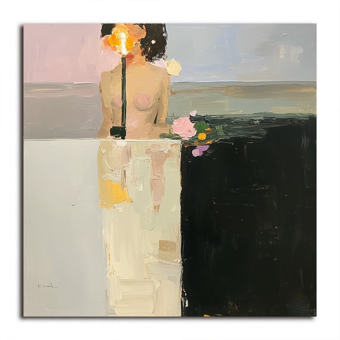 Abstract oil painting of a figure illuminated by a warm light with a vase of flowers, dark and light contrasting backgrounds