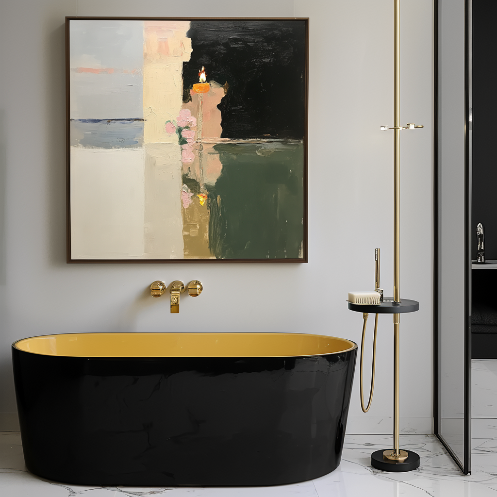 Abstract oil painting of a candle and flowers with light reflection on a calm surface, dark contrasting background