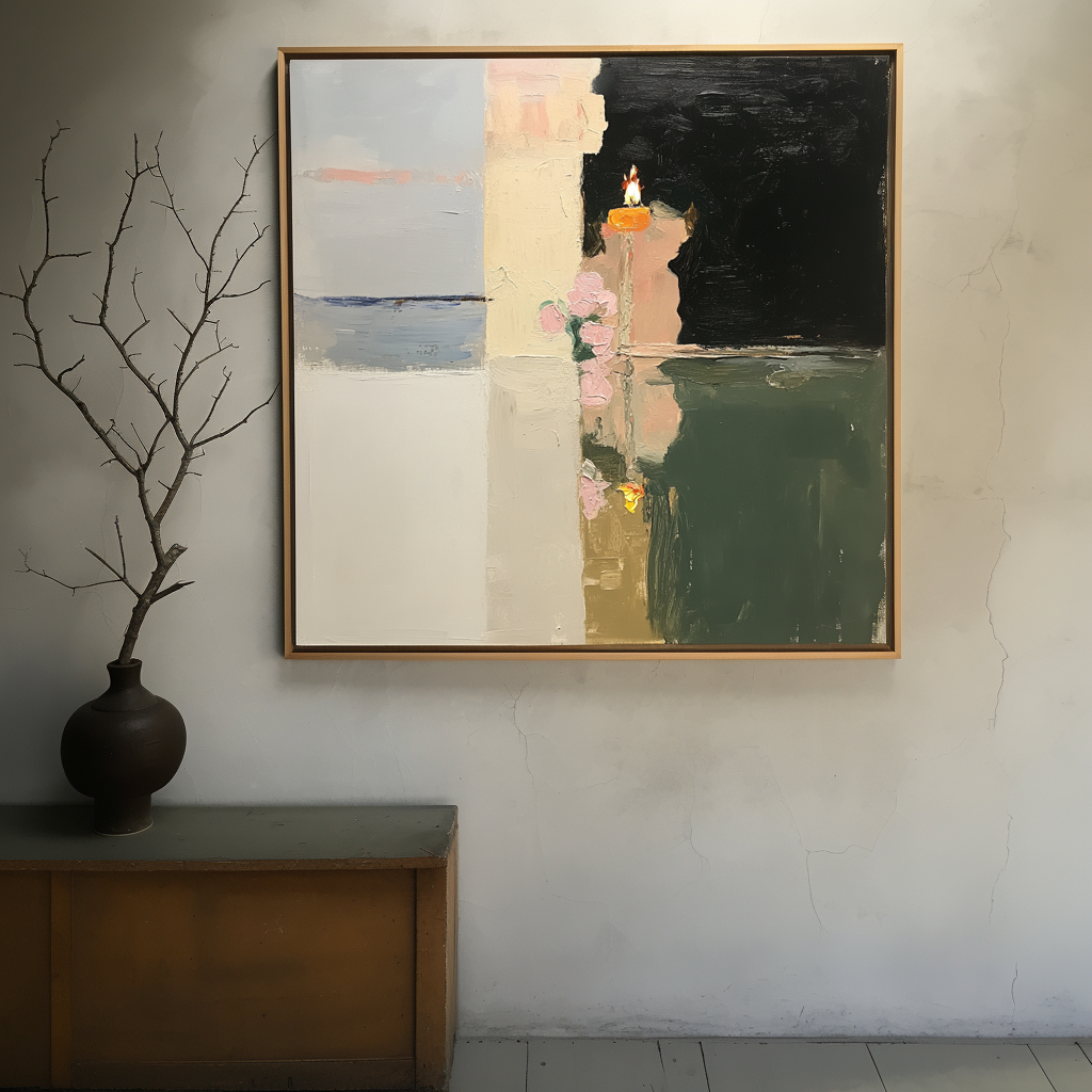 Abstract oil painting of a candle and flowers with light reflection on a calm surface, dark contrasting background