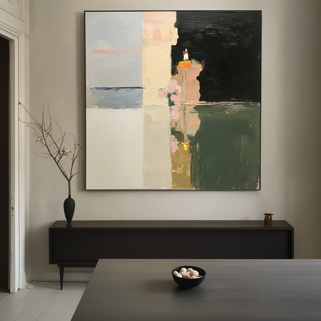 Abstract oil painting of a candle and flowers with light reflection on a calm surface, dark contrasting background