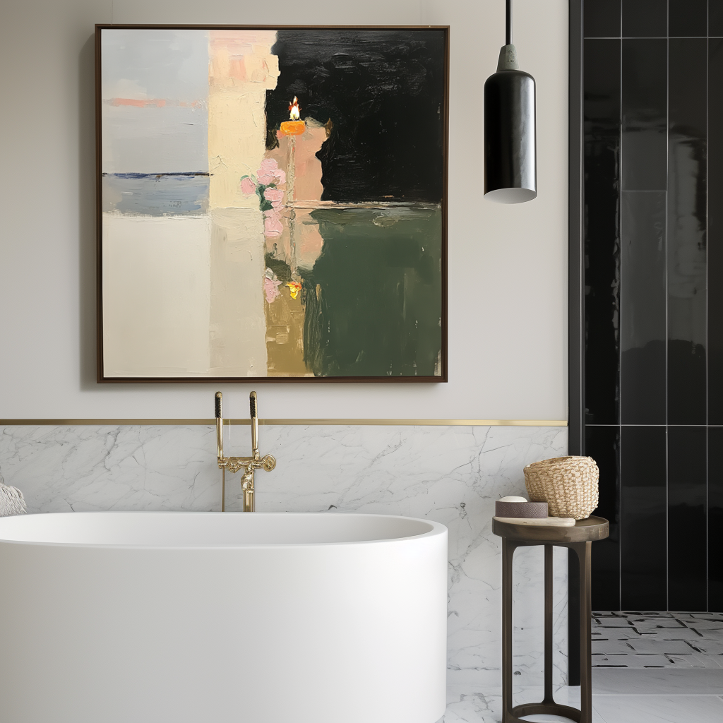 Abstract oil painting of a candle and flowers with light reflection on a calm surface, dark contrasting background