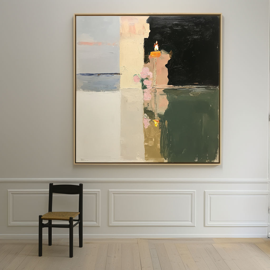 Abstract oil painting of a candle and flowers with light reflection on a calm surface, dark contrasting background