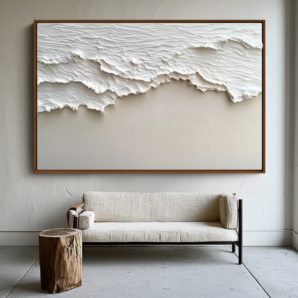 Horizontal minimalist textured abstract art with raised white wave-like forms.