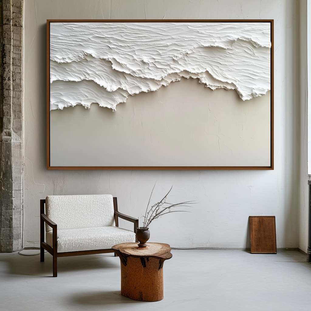 Horizontal minimalist textured abstract art with raised white wave-like forms.