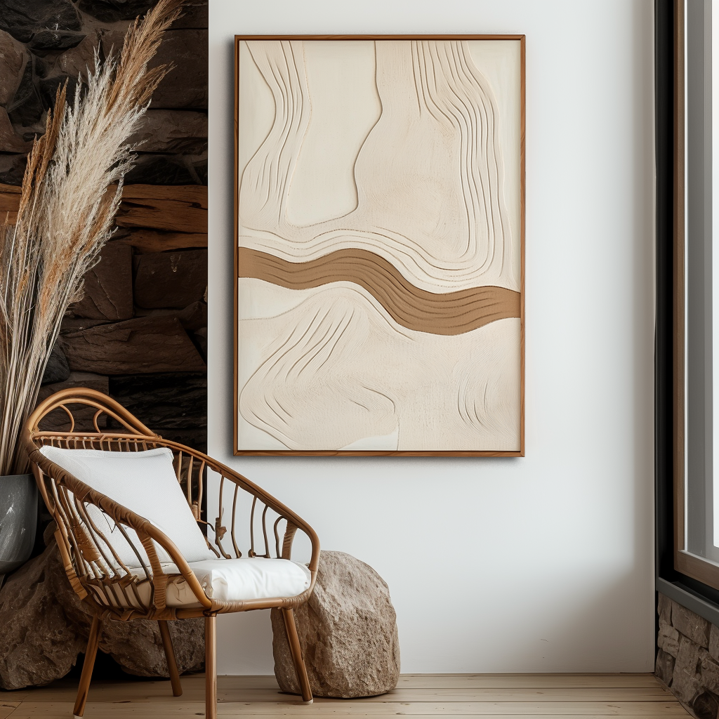 Minimalist neutral textured abstract painting with flowing beige and brown lines