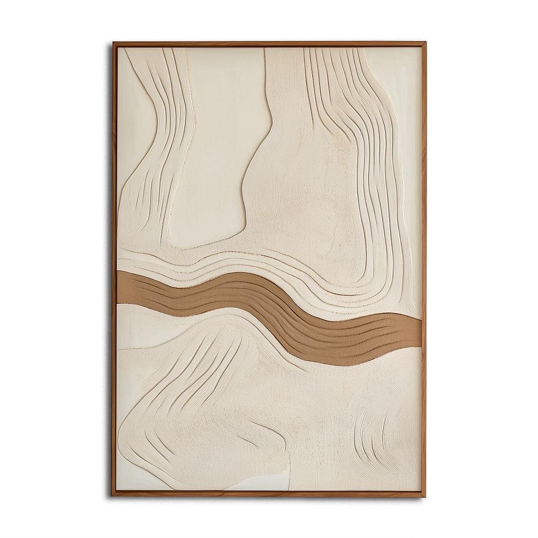 Minimalist neutral textured abstract painting with flowing beige and brown lines