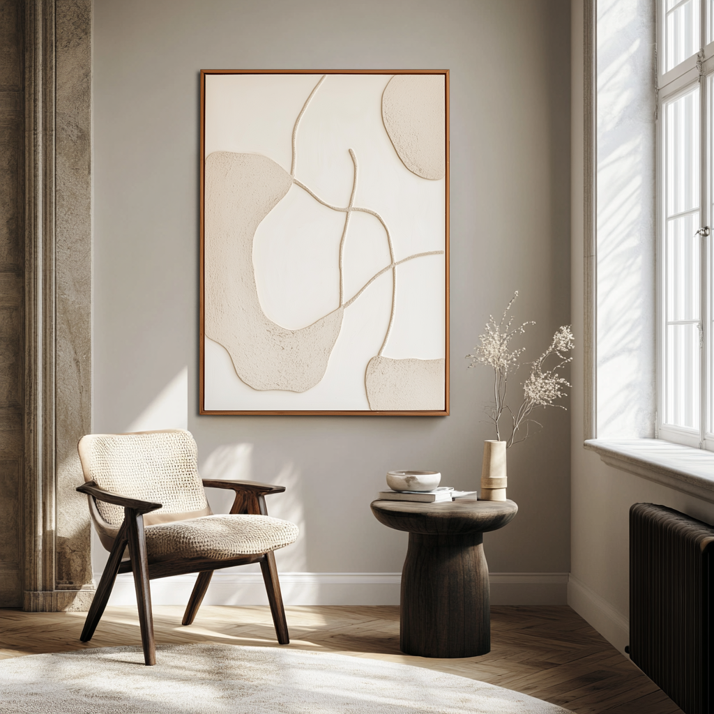Minimalist beige textured abstract painting with flowing organic lines