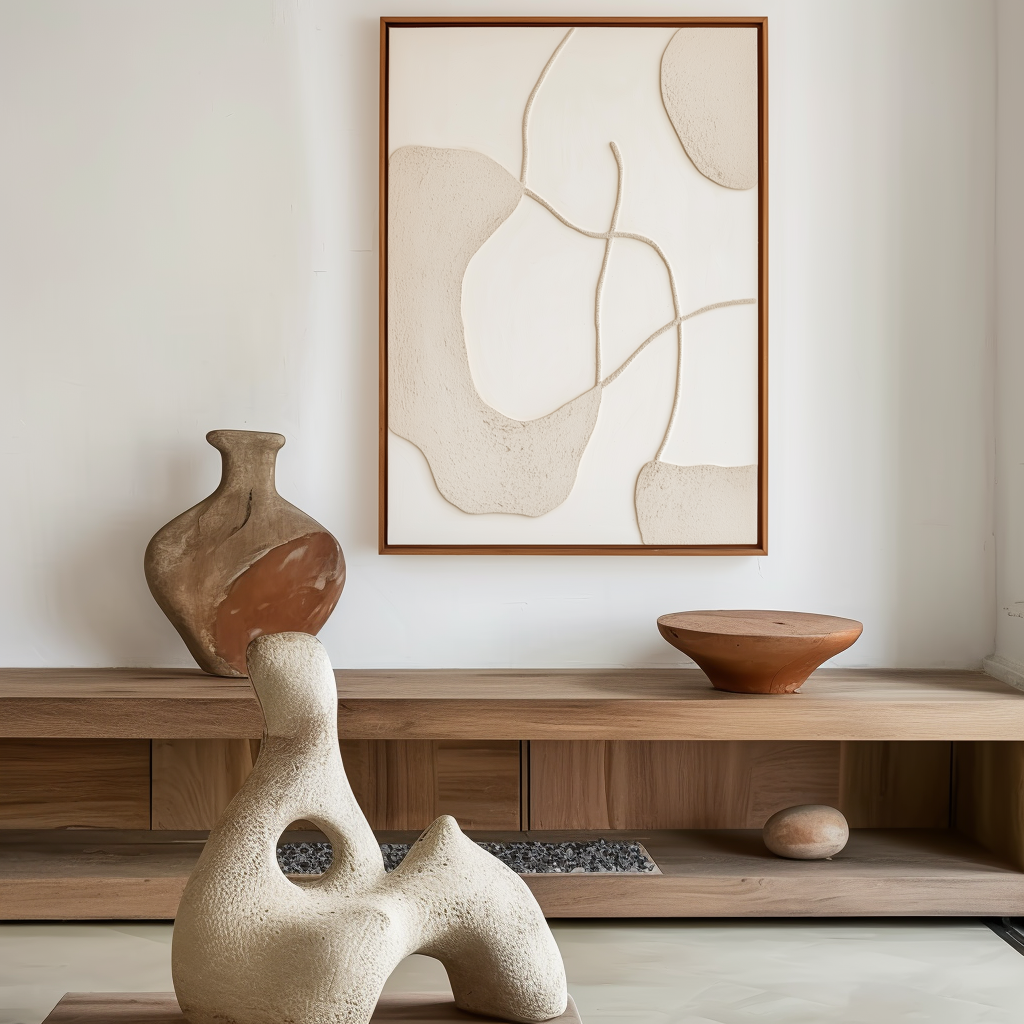Minimalist beige textured abstract painting with flowing organic lines