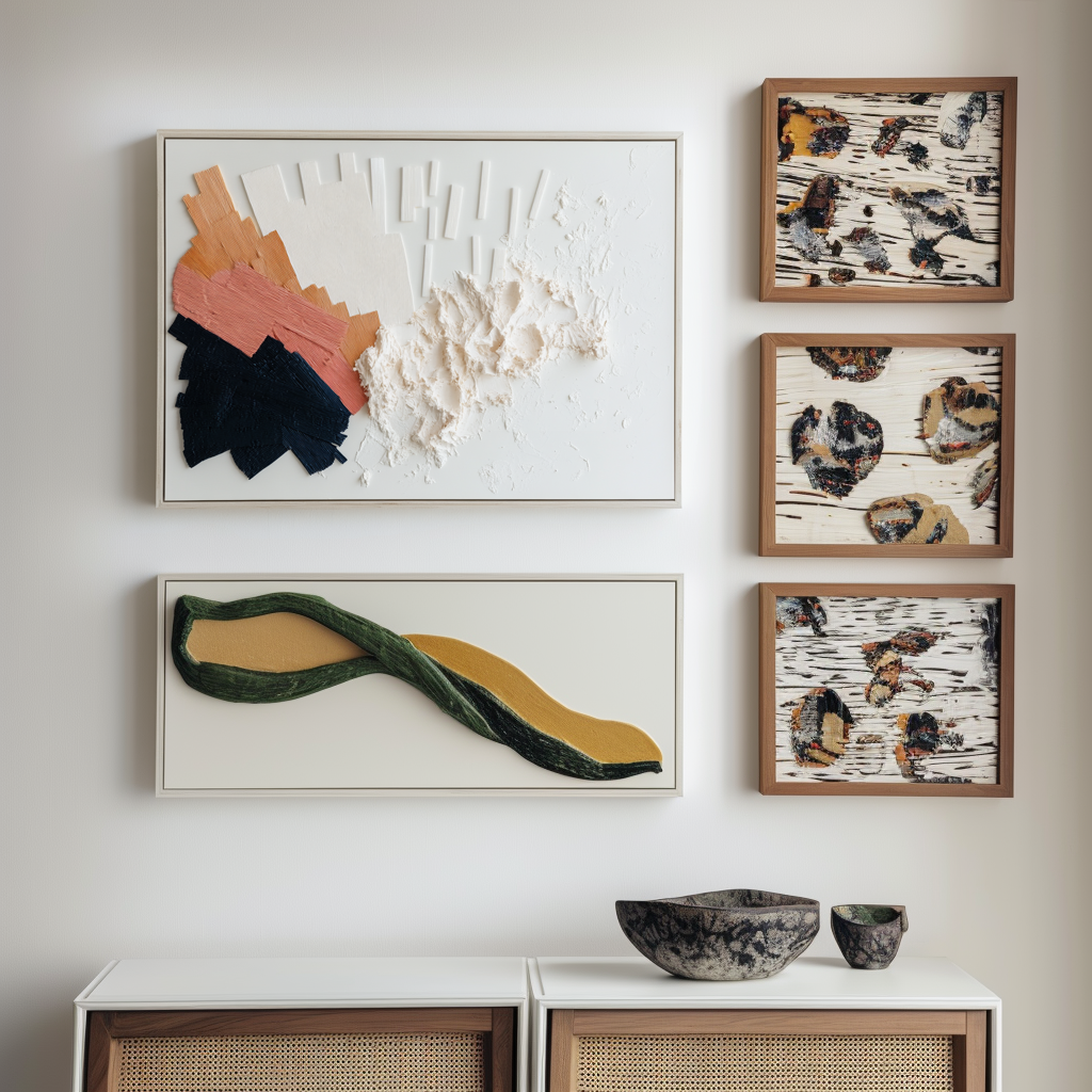 Modern geometric textured abstract painting with layered ivory, terracotta, and navy tones