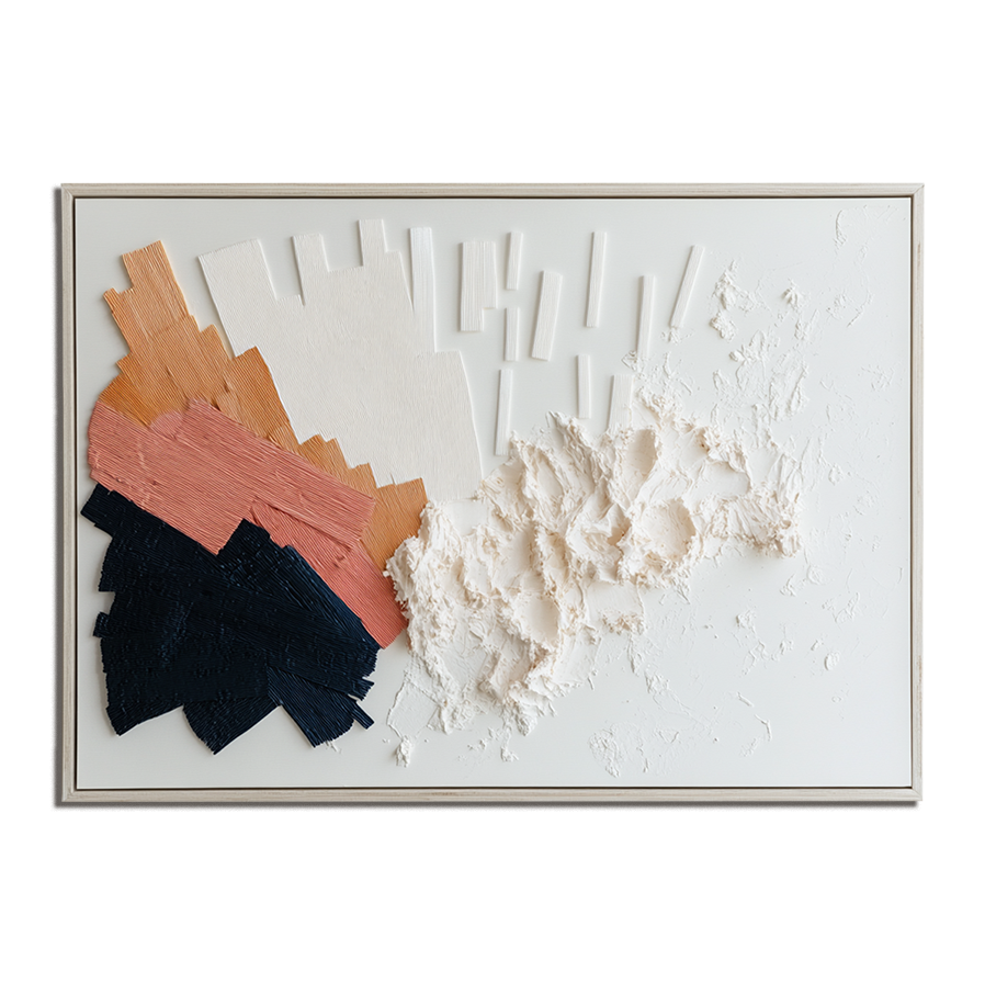 Modern geometric textured abstract painting with layered ivory, terracotta, and navy tones