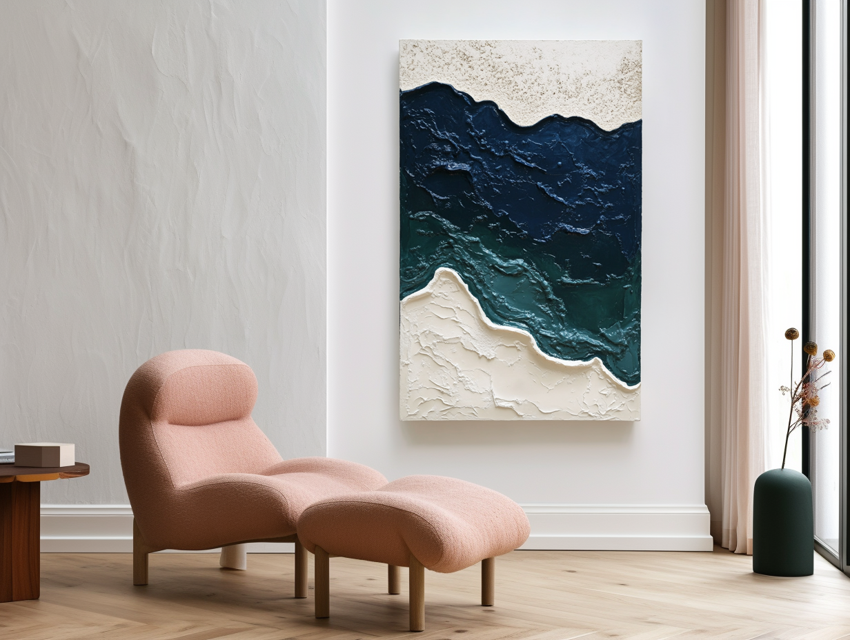 Textured abstract ocean painting with blue waves and beige sandy texture