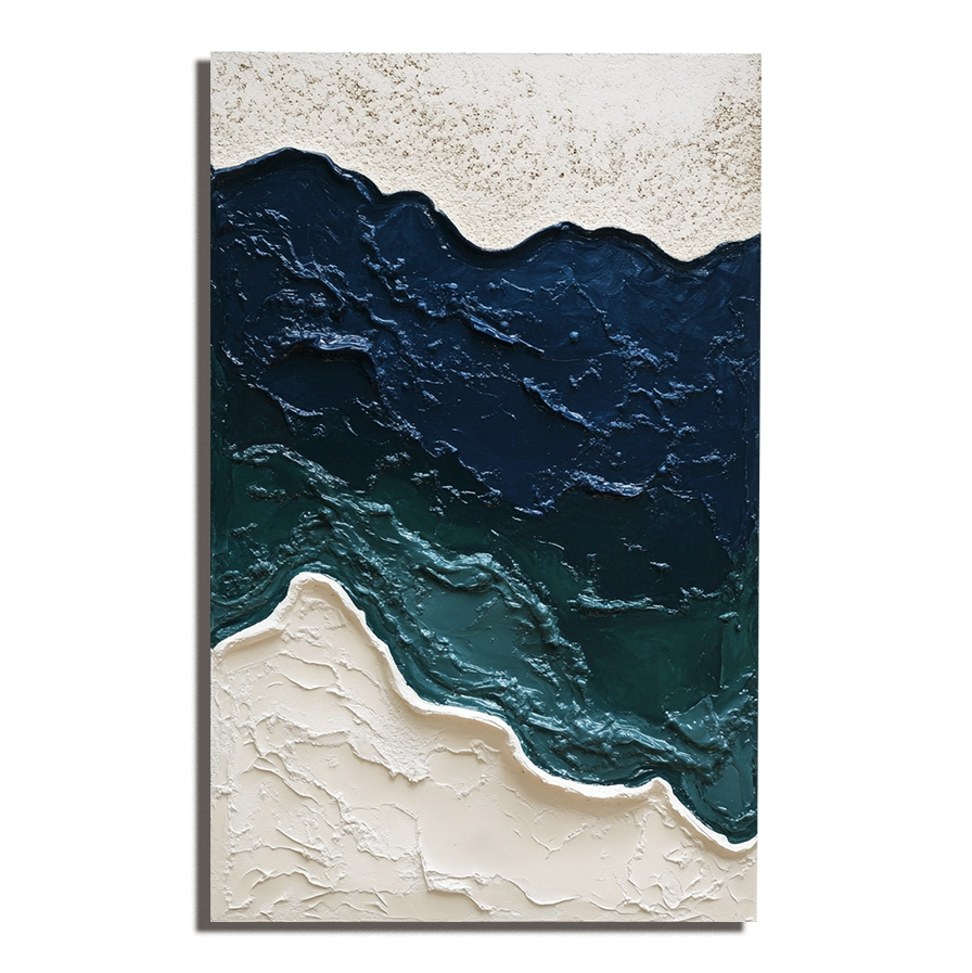 Textured abstract ocean painting with blue waves and beige sandy texture