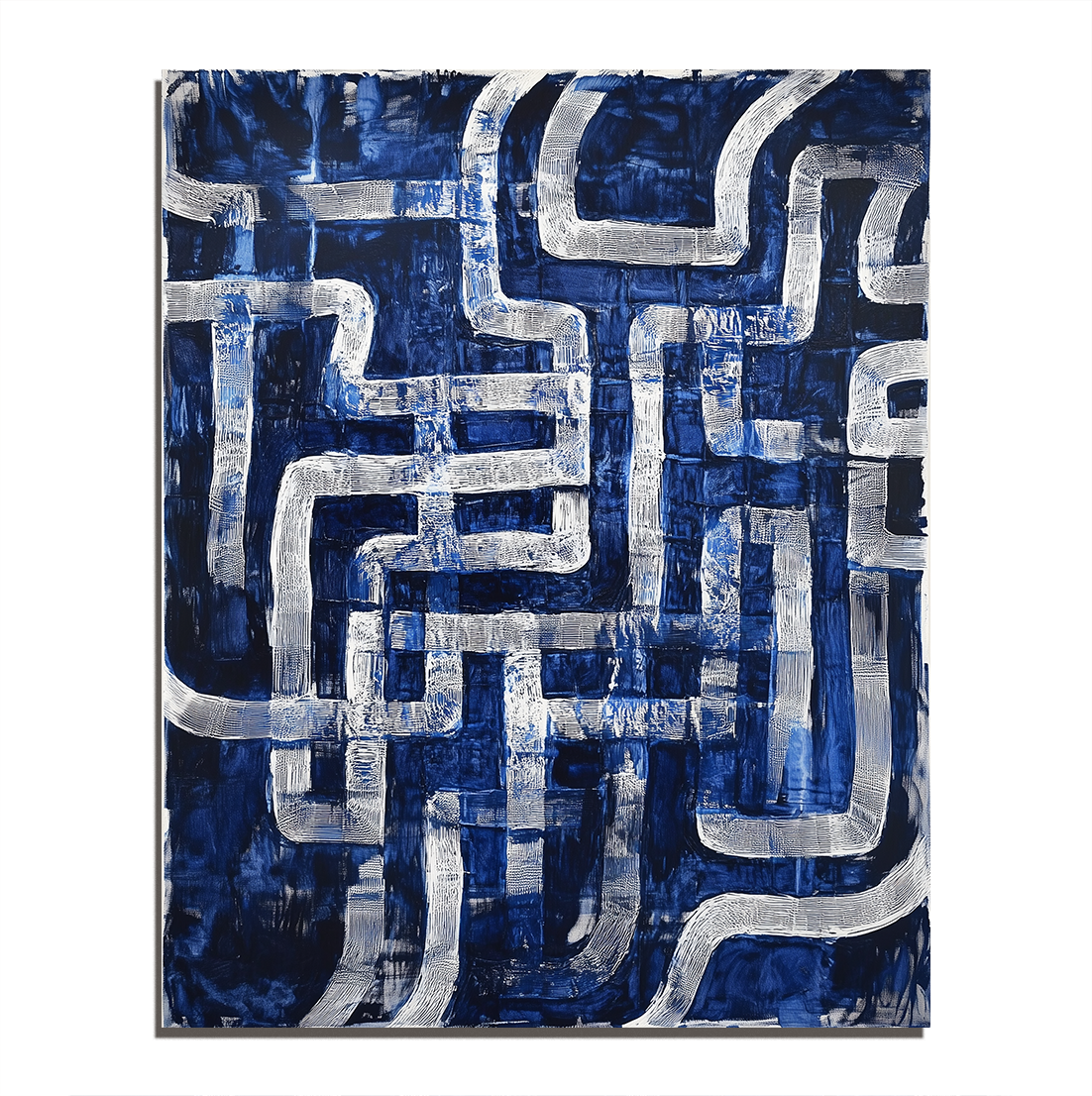 Abstract blue and white textured oil painting with maze-like geometric lines