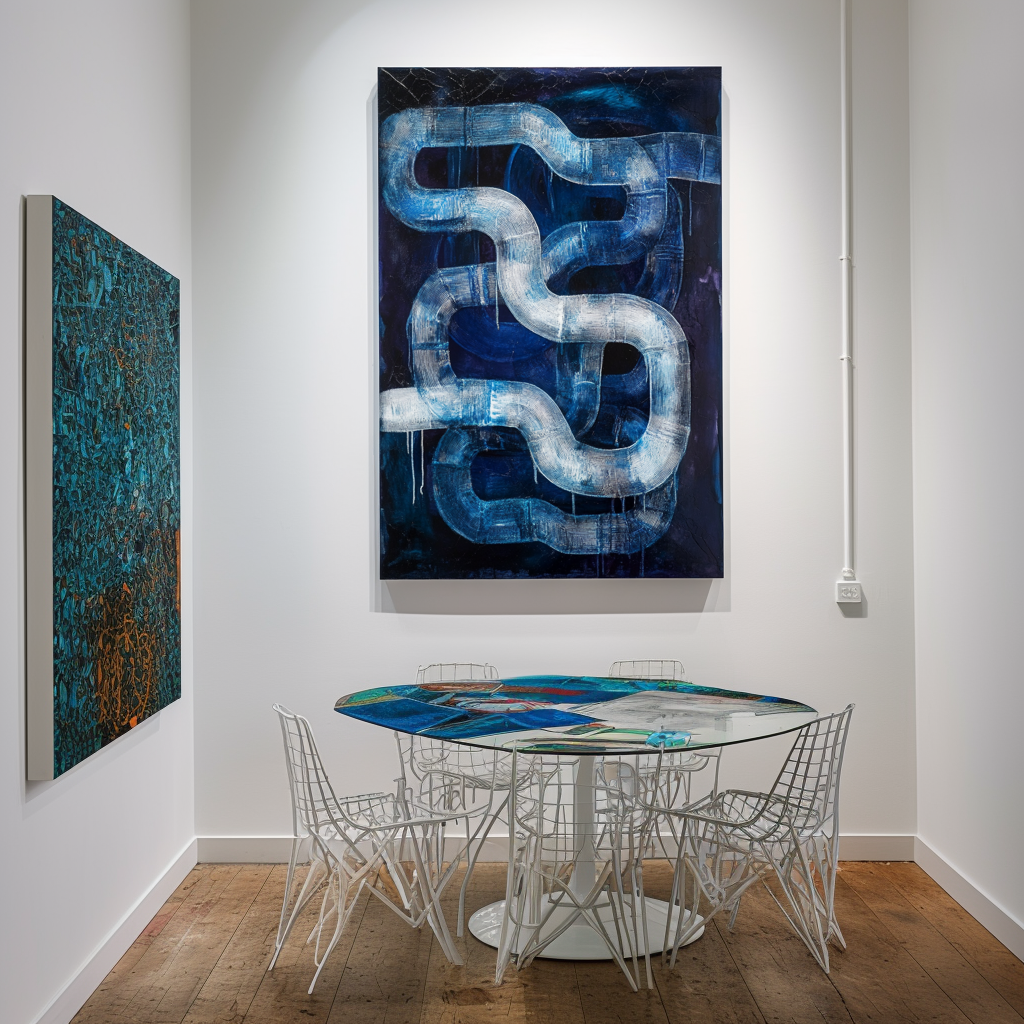 Abstract blue and white textured oil painting with flowing curved lines