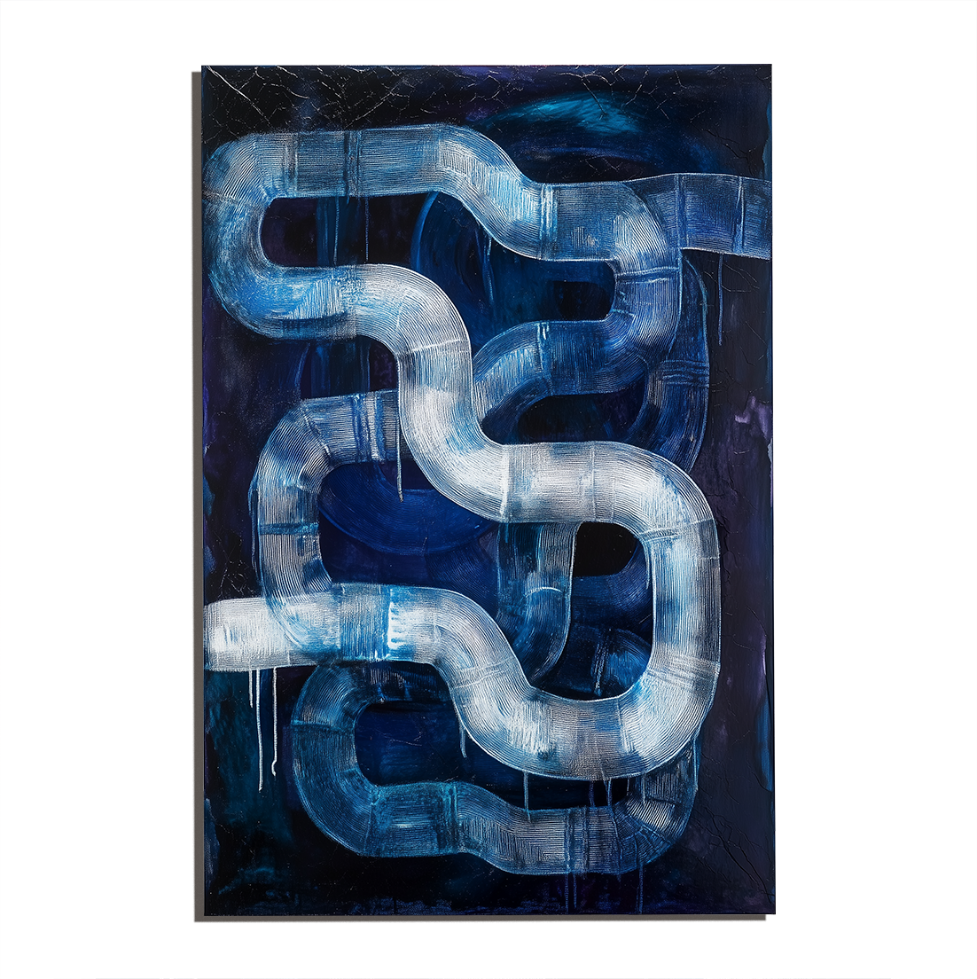 Abstract blue and white textured oil painting with flowing curved lines
