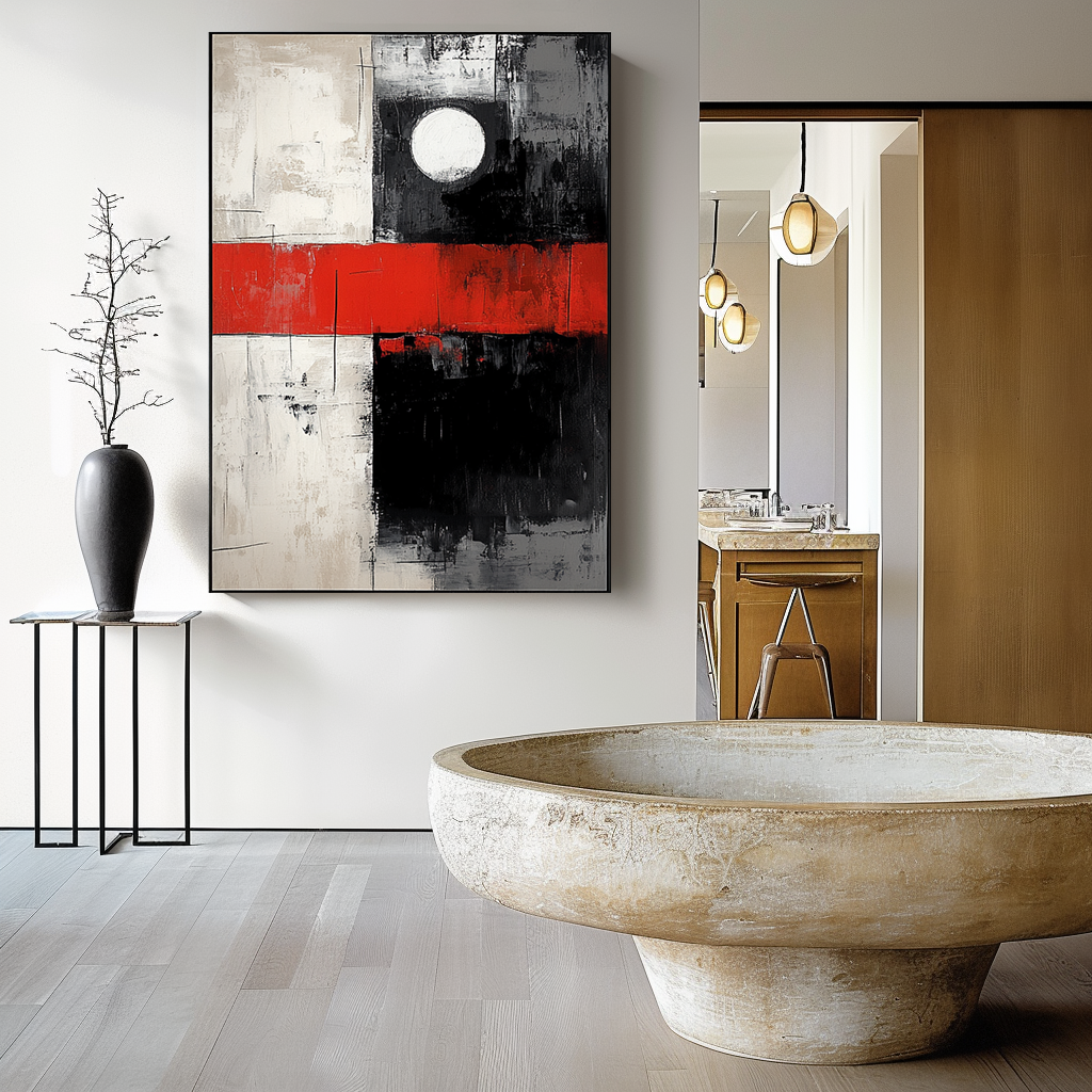 Bold Geometric Abstract Art – Red, Black, and White with Circle Design
