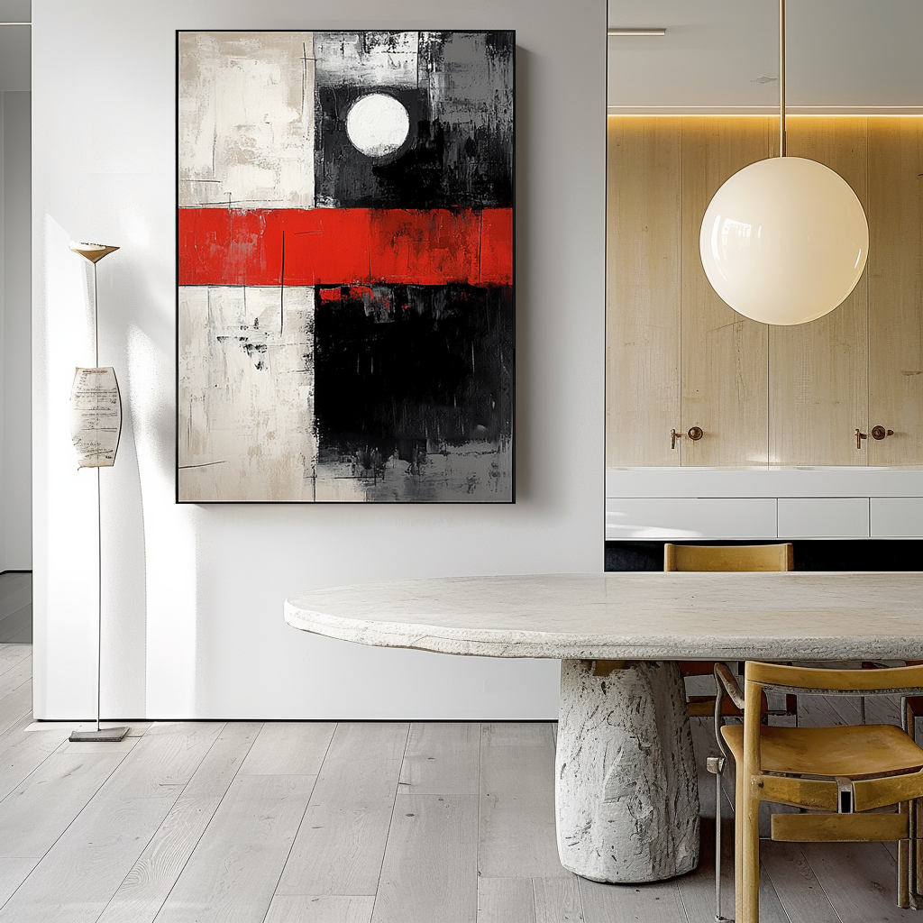 Bold Geometric Abstract Art – Red, Black, and White with Circle Design