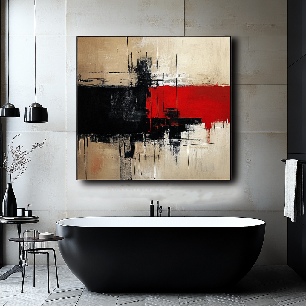 Abstract Black, Red, and Beige Art – Modern Geometric Painting